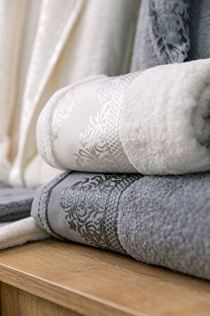 Favora Velora Deluxe %100 Pamuk Bornoz Seti - Krem - Gri