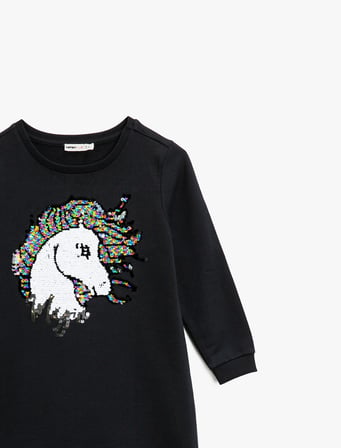 Unicorn Çift Taraflı Pullu Uzun Kollu Sweatshirt Kumaşından Orta Boy Elbise