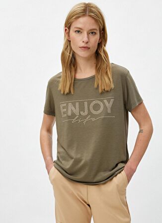 Koton Bisiklet Yaka Kısa Kol Baskılı Haki Kadın T-Shirt