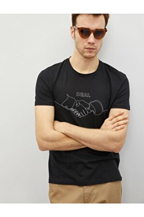 Erkek Siyah Pamuklu Bisiklet Yaka Kısa Kollu Baskılı T-Shirt