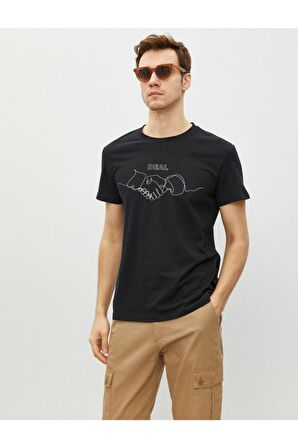 Erkek Siyah Pamuklu Bisiklet Yaka Kısa Kollu Baskılı T-Shirt