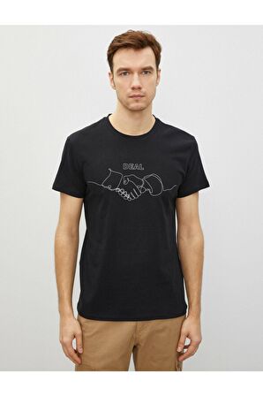 Erkek Siyah Pamuklu Bisiklet Yaka Kısa Kollu Baskılı T-Shirt