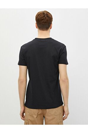 Erkek Siyah Pamuklu Bisiklet Yaka Kısa Kollu Baskılı T-Shirt
