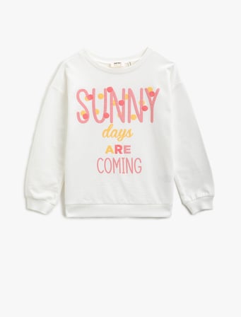 Pamuklu Bisiklet Yaka Uzun Kollu Yazılı Baskılı Sweatshirt 
