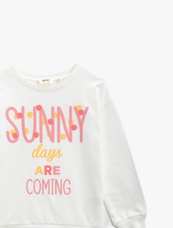Pamuklu Bisiklet Yaka Uzun Kollu Yazılı Baskılı Sweatshirt 