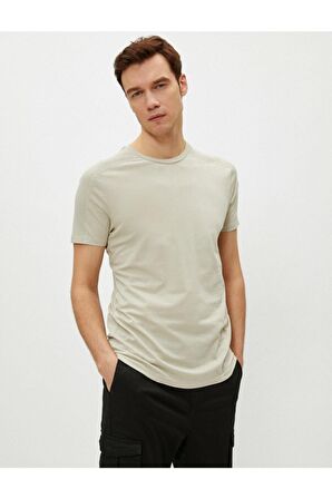 Erkek Ekru Dar Kesim Basic Pamuklu Bisiklet Yaka Kısa Kollu T-shirt