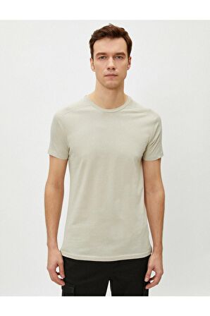 Erkek Ekru Dar Kesim Basic Pamuklu Bisiklet Yaka Kısa Kollu T-shirt