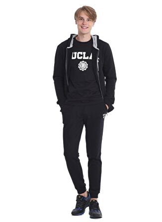 HILGARD Siyah Erkek Kapüşonlu ve Fermuarlı Baskılı Standard Fit Erkek Sweatshirt