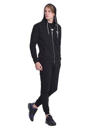 HILGARD Siyah Erkek Kapüşonlu ve Fermuarlı Baskılı Standard Fit Erkek Sweatshirt
