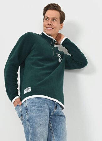 CORNING Yeşil Yarım Fermuarlı Nakışlı Polar Erkek Sweatshirt