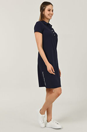 MADEIRA Lacivert Polo Yaka Nakışlı Standard Fit Kadın Elbise