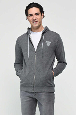 HILGARD Koyu Gri Kapüşonlu ve Fermuarlı Baskılı Standard Fit Erkek Sweatshirt