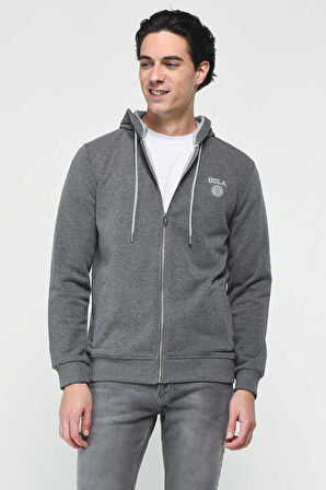 HILGARD Koyu Gri Kapüşonlu ve Fermuarlı Baskılı Standard Fit Erkek Sweatshirt