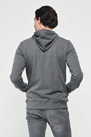 HILGARD Koyu Gri Kapüşonlu ve Fermuarlı Baskılı Standard Fit Erkek Sweatshirt