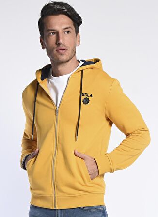 HILGARD Sarı Kapüşonlu ve Fermuarlı Baskılı Standard Fit Erkek Sweatshirt