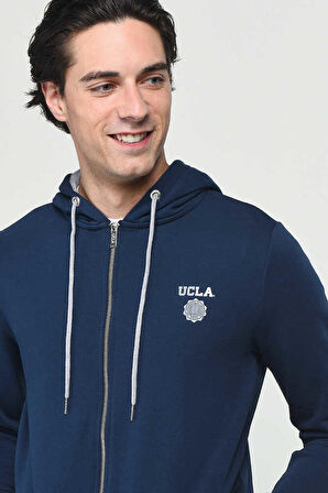 HILGARD Koyu Lacivert Kapüşonlu ve Fermuarlı Baskılı Standard Fit Erkek Sweatshirt