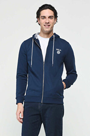 HILGARD Koyu Lacivert Kapüşonlu ve Fermuarlı Baskılı Standard Fit Erkek Sweatshirt