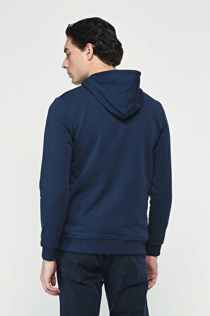 HILGARD Koyu Lacivert Kapüşonlu ve Fermuarlı Baskılı Standard Fit Erkek Sweatshirt