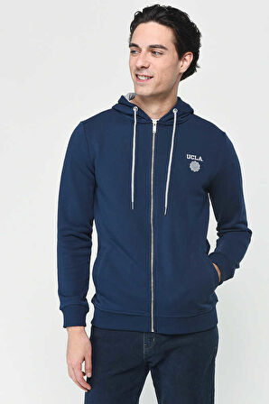 HILGARD Koyu Lacivert Kapüşonlu ve Fermuarlı Baskılı Standard Fit Erkek Sweatshirt