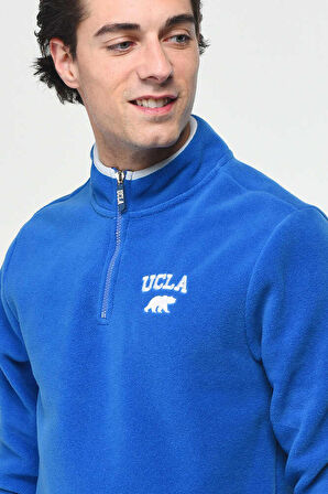 CORNING Mavi Yarım Fermuarlı Nakışlı Polar Erkek Sweatshirt