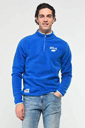 CORNING Mavi Yarım Fermuarlı Nakışlı Polar Erkek Sweatshirt