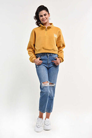 HAPPY  Kahve Fermuarlı Nakışlı Kadın Sweatshirt