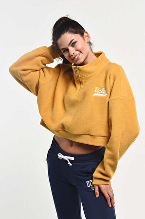 HAPPY  Kahve Fermuarlı Nakışlı Kadın Sweatshirt