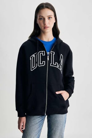 JOYCE Siyah Kapüşonlu Ve Fermuarlı Aplikeli Standard Fit Kadın Sweatshirt