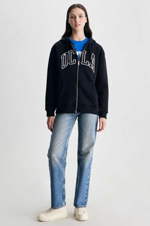 JOYCE Siyah Kapüşonlu Ve Fermuarlı Aplikeli Standard Fit Kadın Sweatshirt