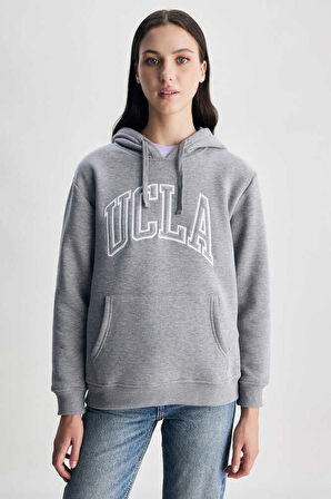 RILEY Gri Kapüşonlu Nakışlı Standard Fit Kadın Sweatshirt