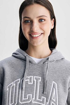 RILEY Gri Kapüşonlu Nakışlı Standard Fit Kadın Sweatshirt