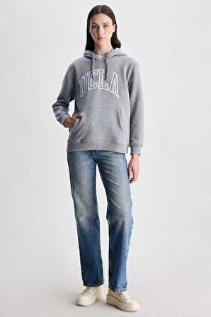 RILEY Gri Kapüşonlu Nakışlı Standard Fit Kadın Sweatshirt