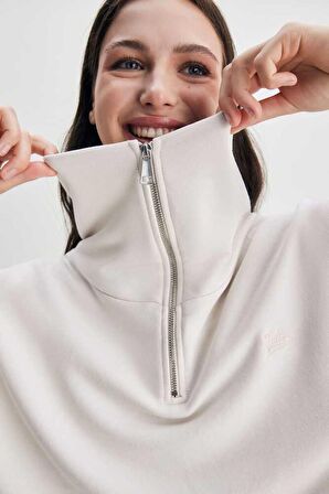 INEZ Bej Fermuarlı Nakışlı Loose Fit Kadın Sweatshirt