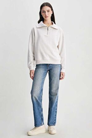 INEZ Bej Fermuarlı Nakışlı Loose Fit Kadın Sweatshirt
