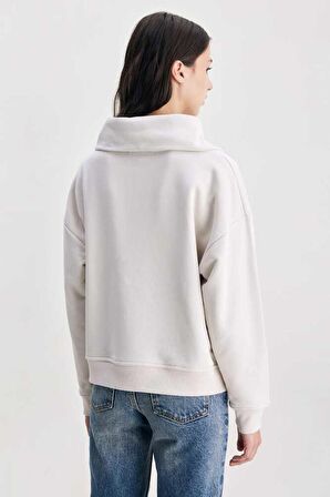 INEZ Bej Fermuarlı Nakışlı Loose Fit Kadın Sweatshirt