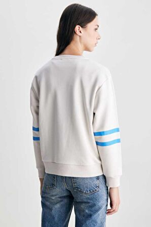 ROISIN Bej Bisiklet Yaka Baskılı Loose Fit Kadın Sweatshirt