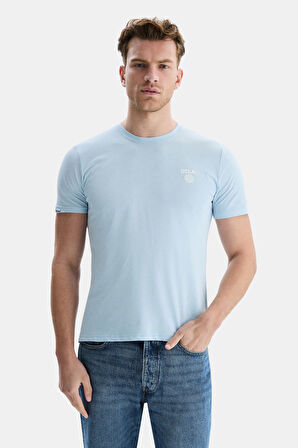 BASS Gök Mavisi Bisiklet Yaka Baskılı Standard Fit Erkek Tshirt