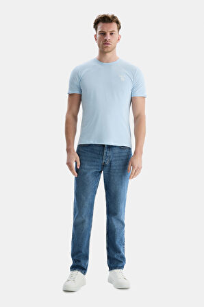 BASS Gök Mavisi Bisiklet Yaka Baskılı Standard Fit Erkek Tshirt
