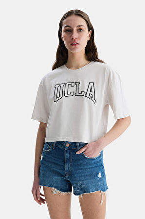 HELENA Bej Bisiklet Yaka Oversize Crop Nakışlı Oversize  Kadın Tshirt