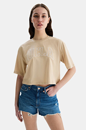 HELENA Kahve Bisiklet Yaka Oversize Crop Nakışlı Oversize  Kadın Tshirt