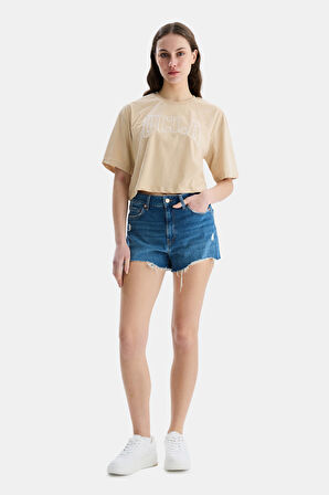 HELENA Kahve Bisiklet Yaka Oversize Crop Nakışlı Oversize  Kadın Tshirt
