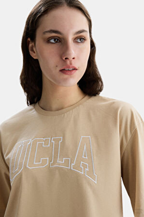 HELENA Kahve Bisiklet Yaka Oversize Crop Nakışlı Oversize  Kadın Tshirt