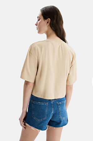 HELENA Kahve Bisiklet Yaka Oversize Crop Nakışlı Oversize  Kadın Tshirt