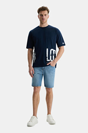 IGNISO Lacivert Bisiklet Yaka Baskılı Oversize  Erkek Tshirt