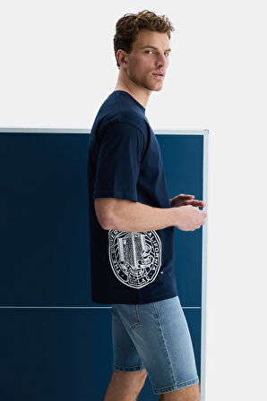 IGNISO Lacivert Bisiklet Yaka Baskılı Oversize  Erkek Tshirt