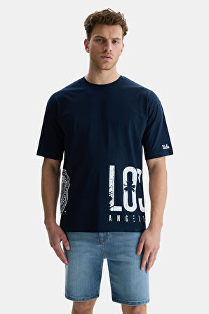 IGNISO Lacivert Bisiklet Yaka Baskılı Oversize  Erkek Tshirt