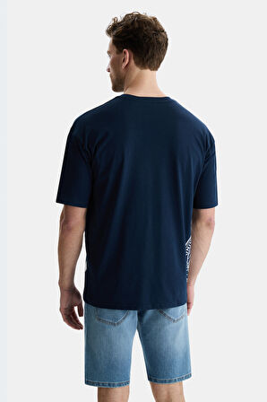 IGNISO Lacivert Bisiklet Yaka Baskılı Oversize  Erkek Tshirt