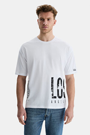IGNISO Beyaz Bisiklet Yaka Baskılı Oversize  Erkek Tshirt