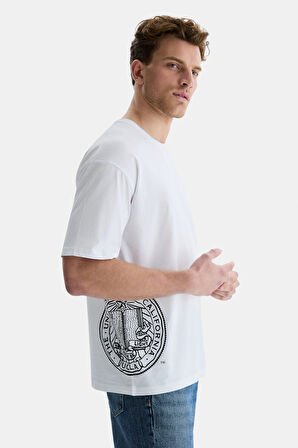 IGNISO Beyaz Bisiklet Yaka Baskılı Oversize  Erkek Tshirt