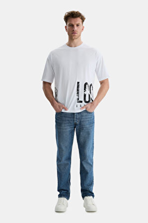 IGNISO Beyaz Bisiklet Yaka Baskılı Oversize  Erkek Tshirt
